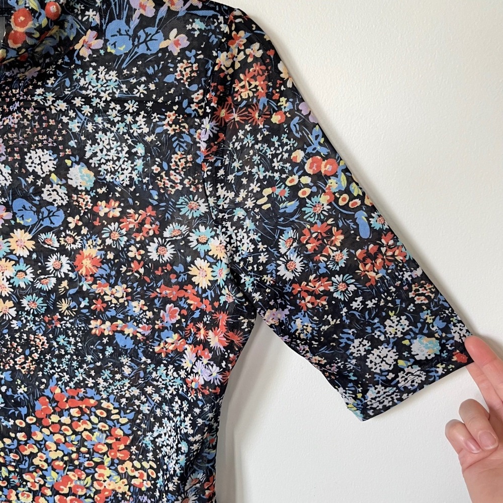 Anthropologie Floral Mesh Mock Neck Top Black Multi Medium ASO Kelly Clarkson - Picture 6 of 11